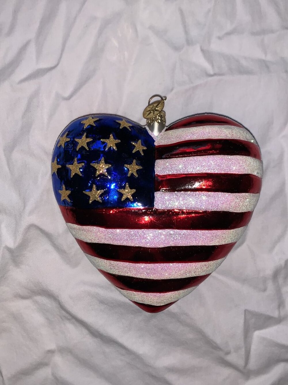 VINTAGE CHRISTOPHER RADKO AMERICAN HEART FLAG GLASS ORNAMENT